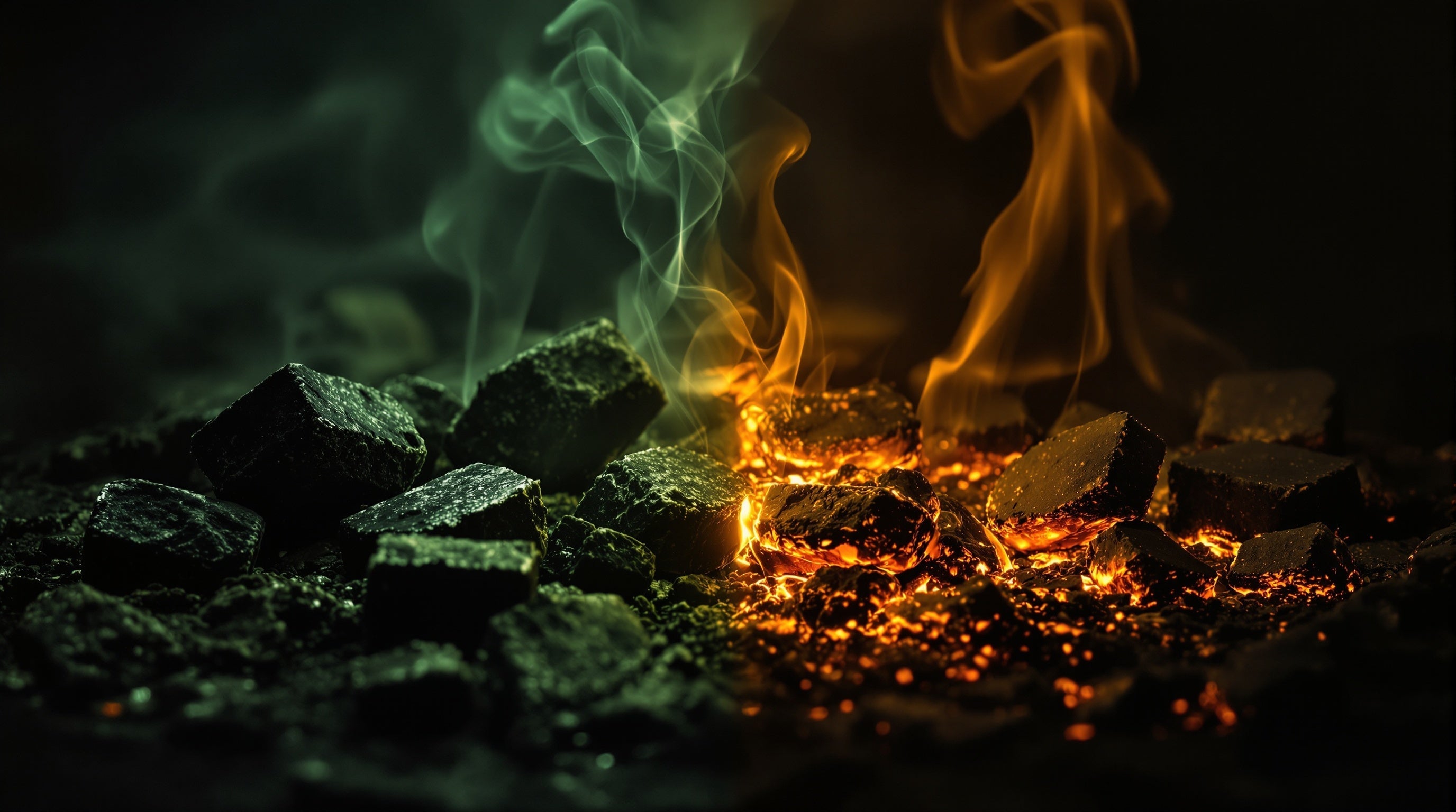 Dark green resin smoke beside glowing incense embers, evoking Black Afgano versus Amouage Interlude