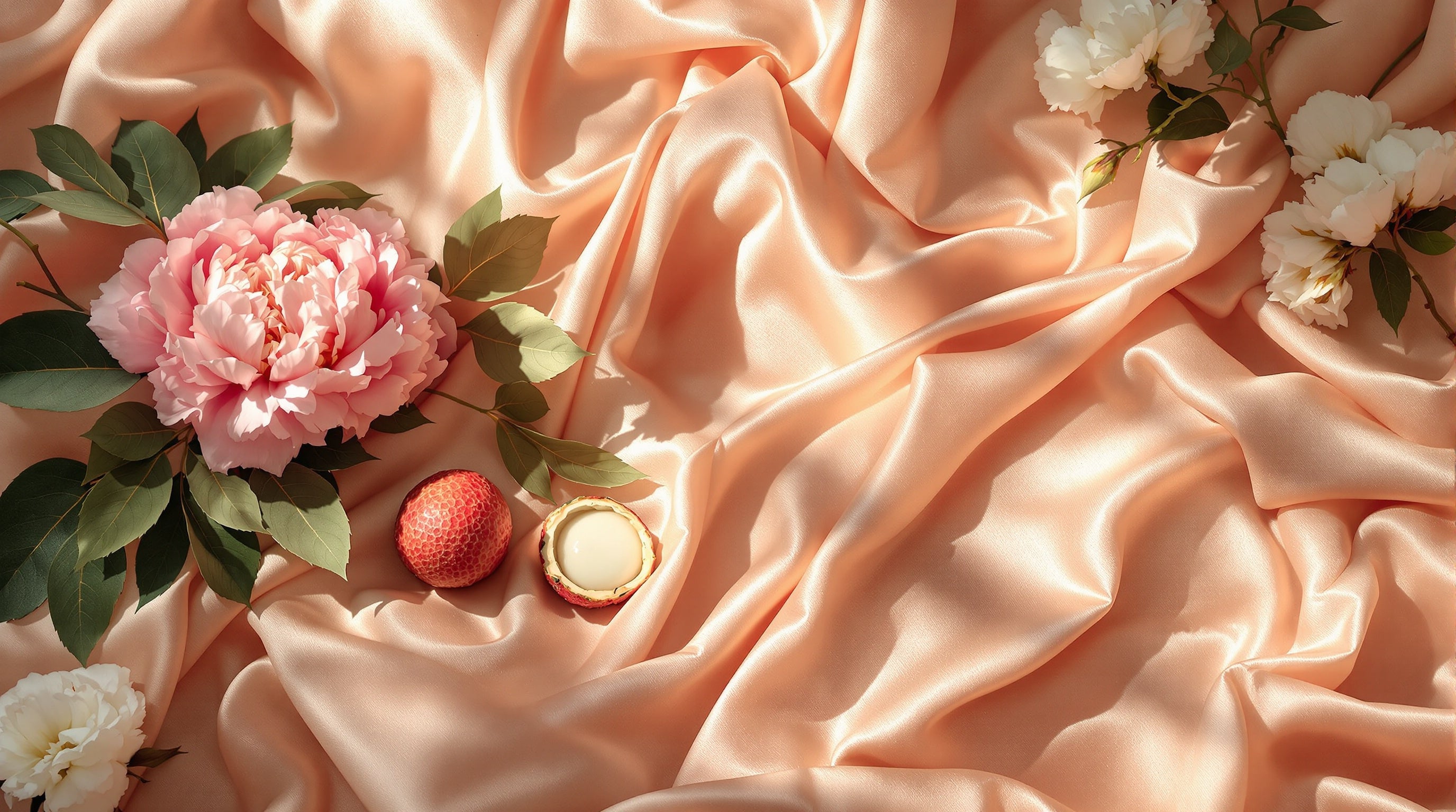 Pink peonies and lychee on blush silk beside airy white roses, evoking Delina Exclusif versus Attrape-Reves