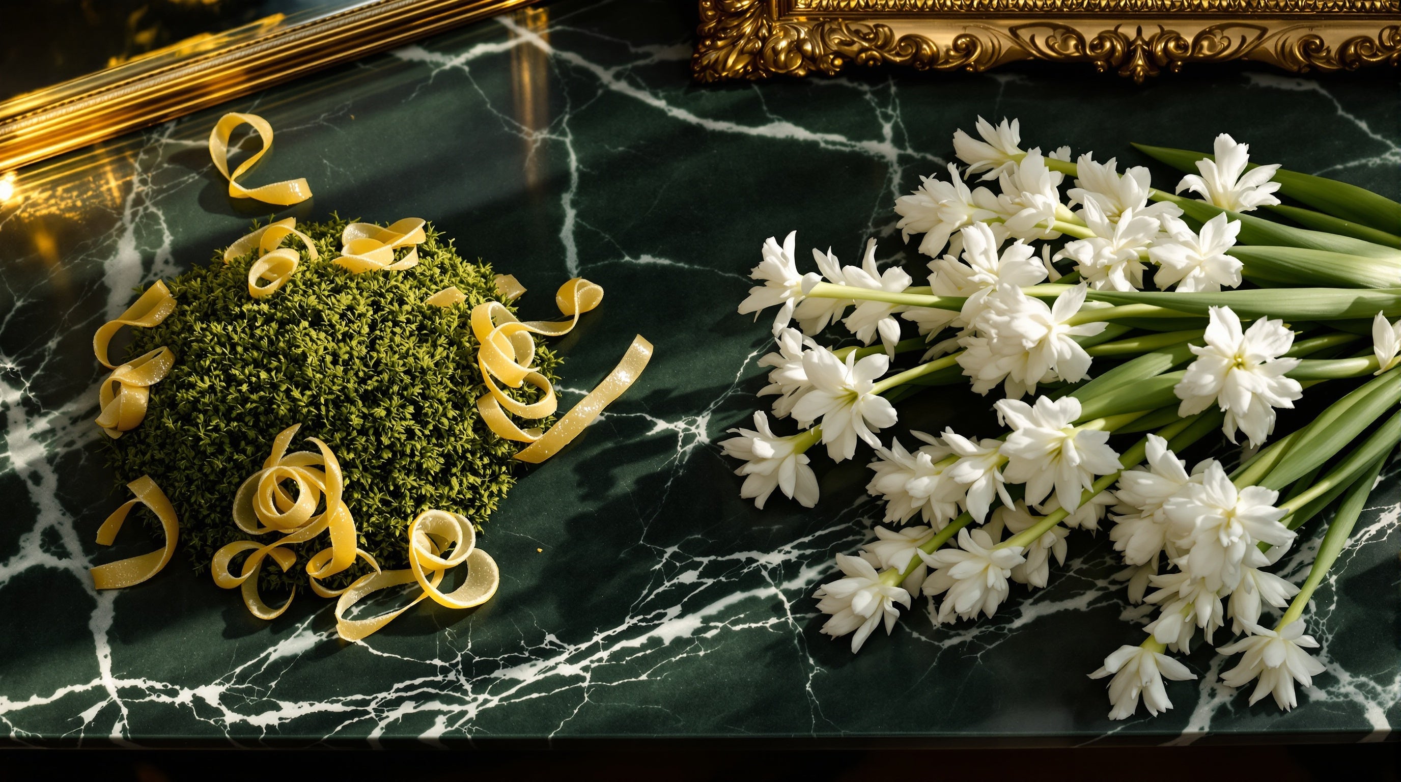 Oakmoss and bergamot by a gilded frame beside white hyacinth on marble, evoking Diaghilev versus Chypre Palatin