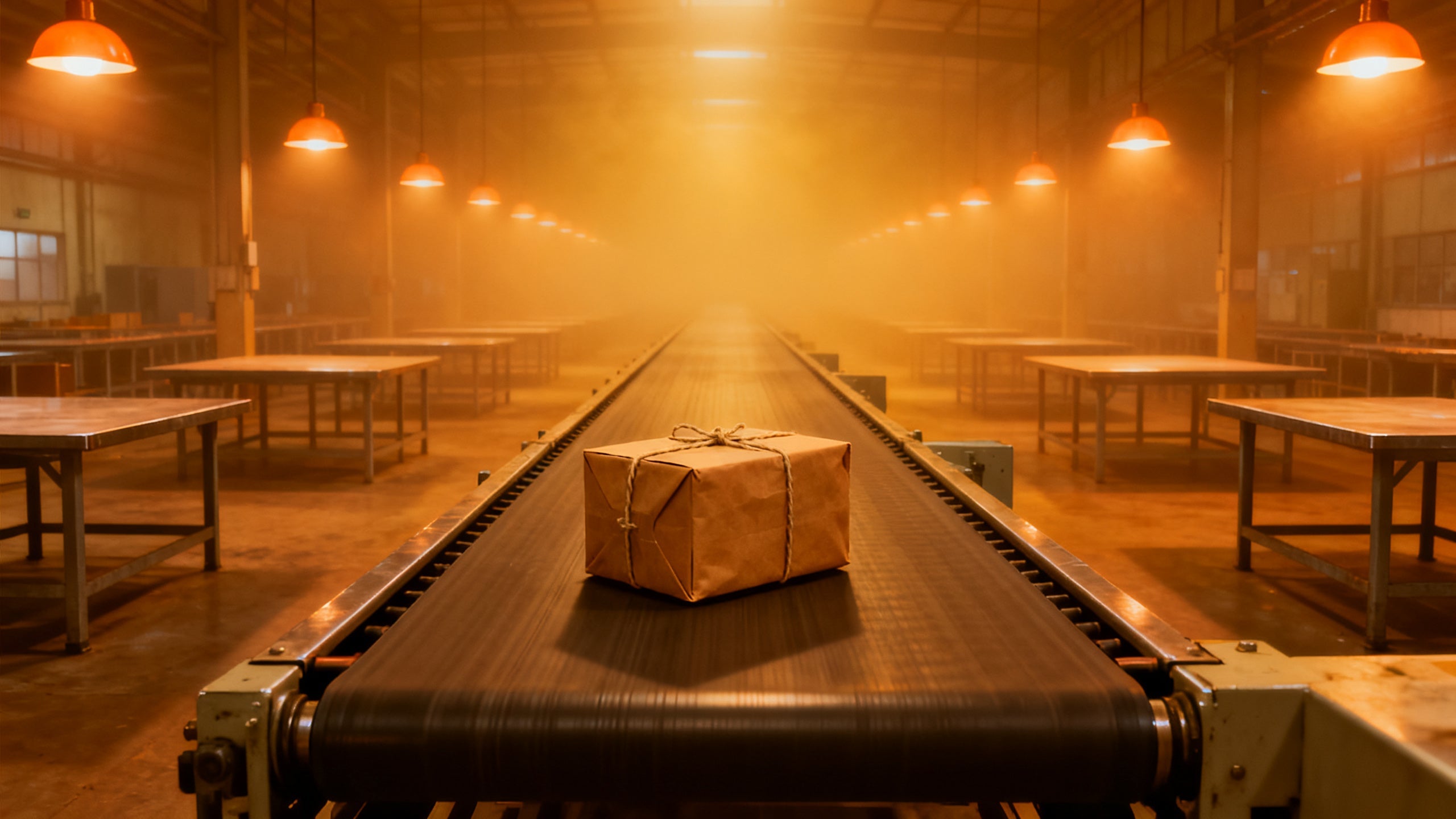 A single string-tied parcel travelling alone down an endless conveyor through a deserted amber-lit inspection hall — do perfume decants get stopped at customs