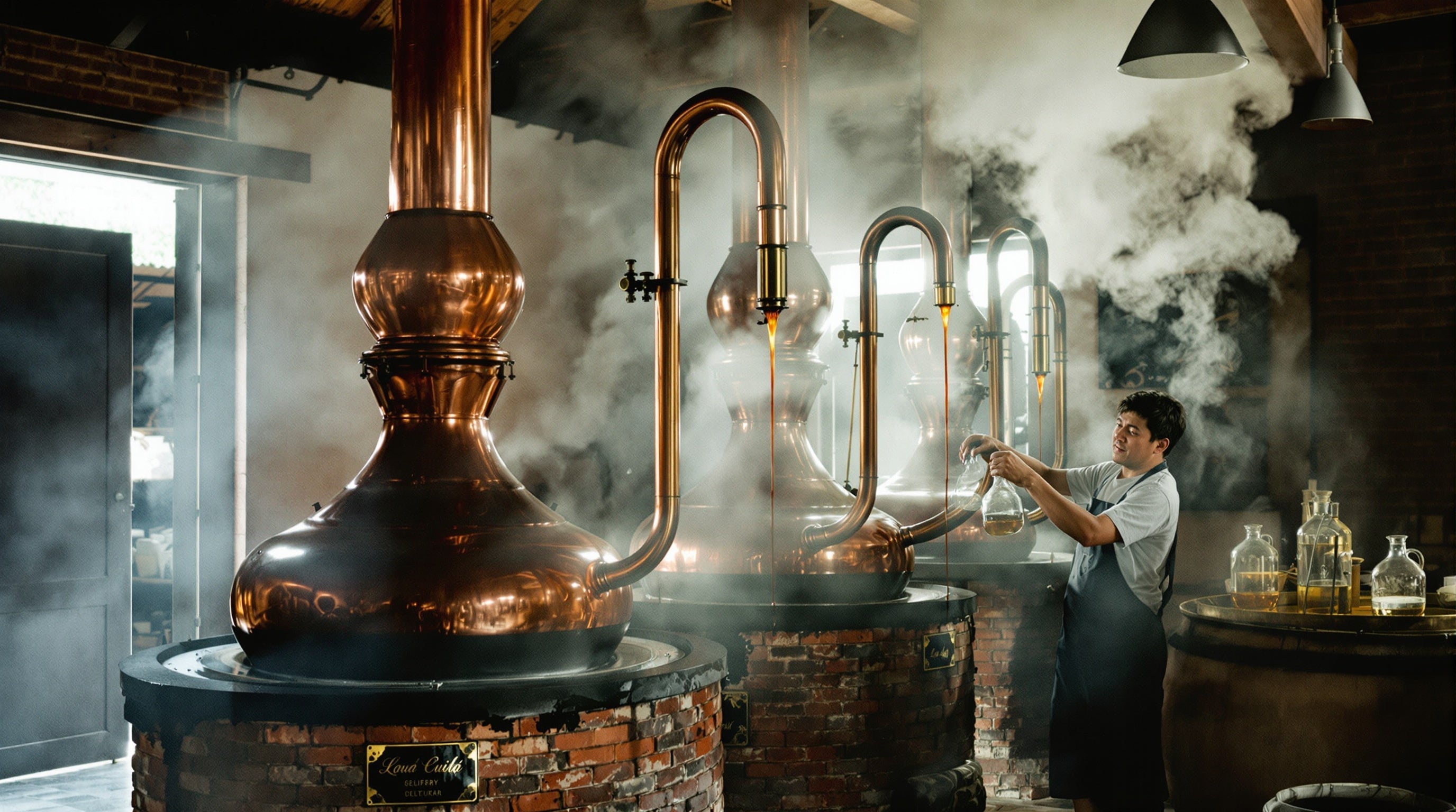Traditional distillery with copper stills and agarwood soaking, hands catching amber oud oil — Ensar Oud decants and samples.