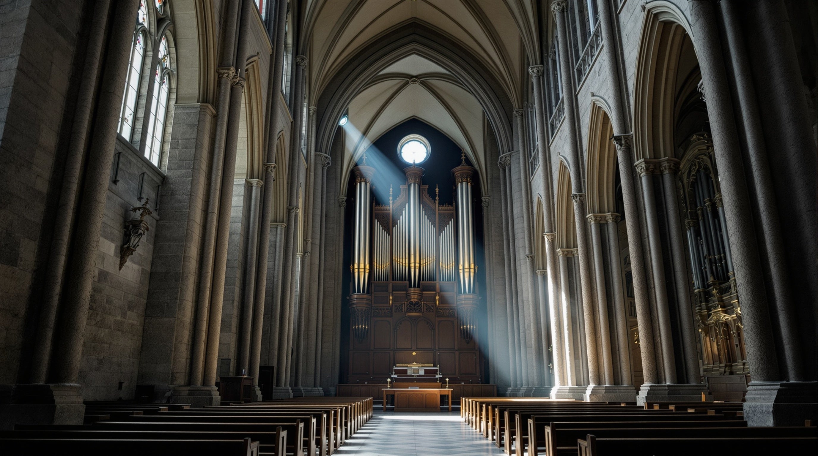 Empty gothic cathedral nave at dawn with a great pipe organ and cold light, evoking Filippo Sorcinelli decants and samples.