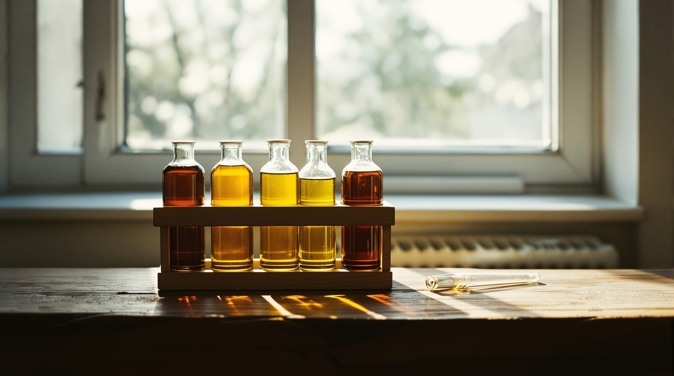 Row of glass vials on a wooden bench filling from pale to deep amber — fragrance concentrations from EDT to pure parfum.