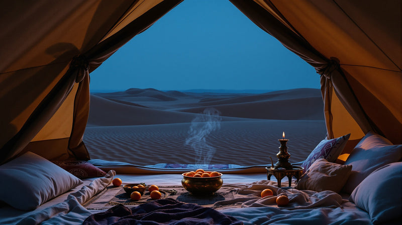 A desert nomad's tent at dusk where moonlit suede and mandarin meet smoky oud embers — Ganymede versus Ombre Nomade.