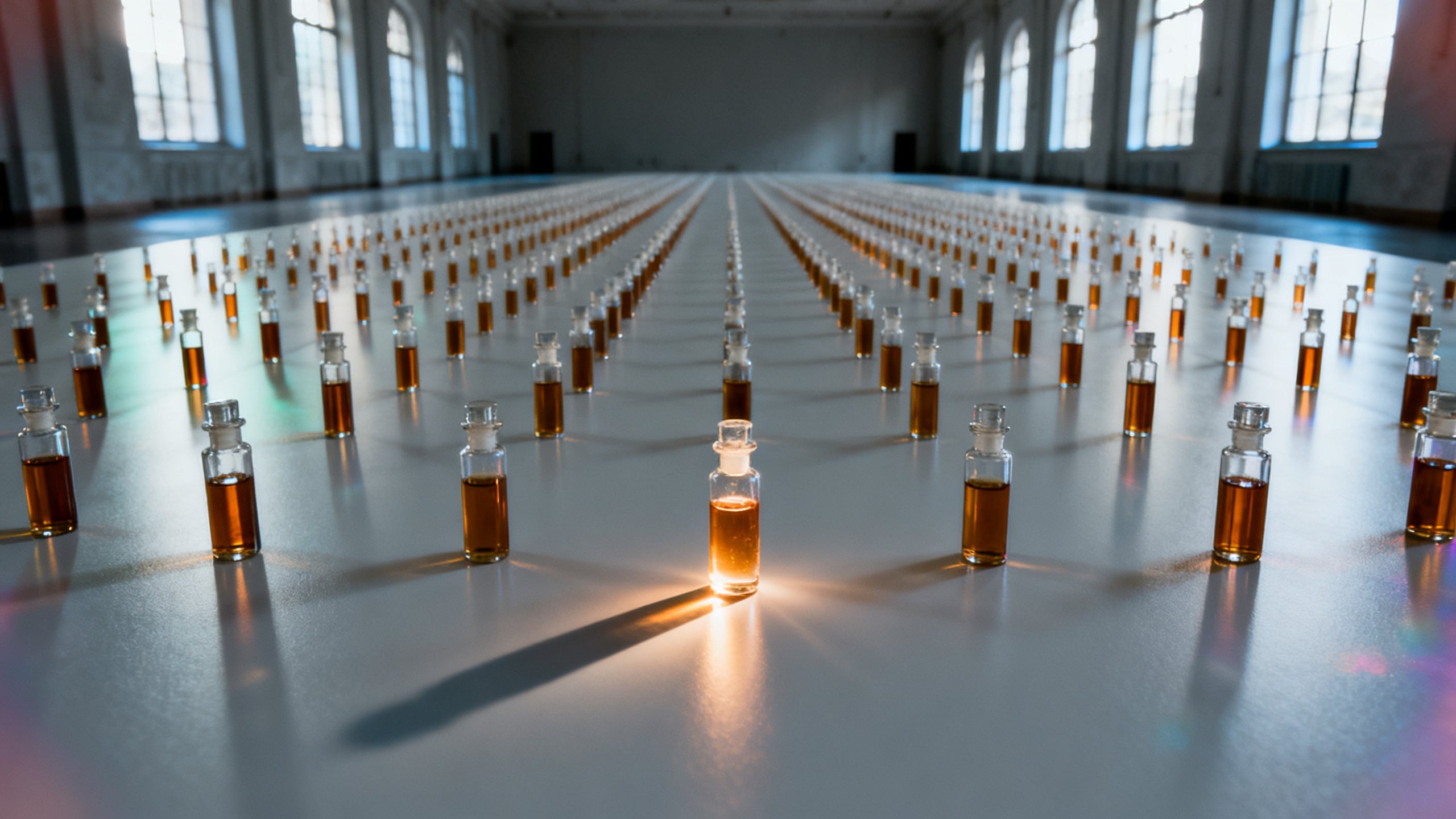 Hundreds of identical amber perfume vials in rows across an endless pale hall, one lit from within casting a long shadow — how to tell if a decant seller is legitimate