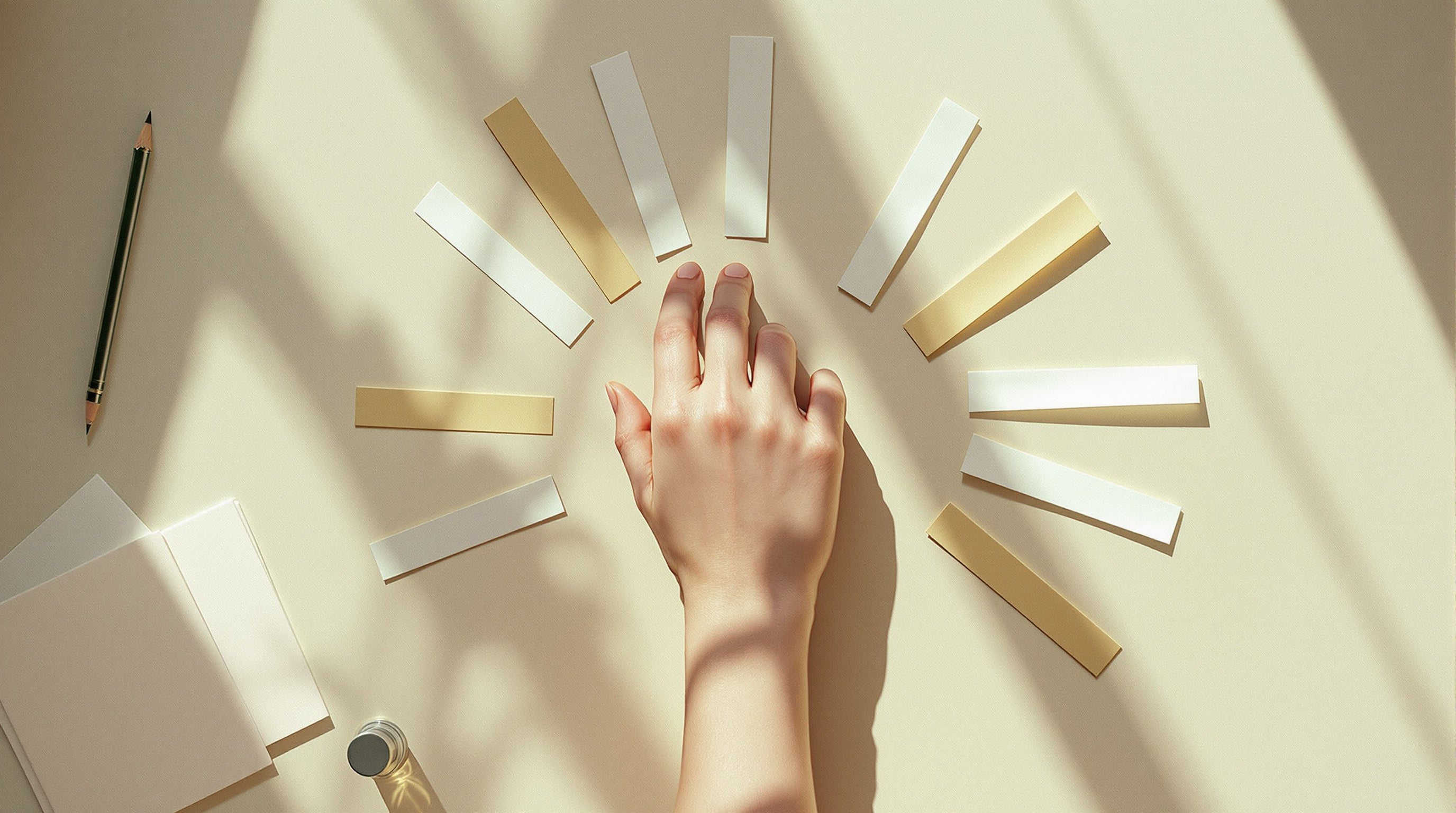 Overhead flat-lay of a wrist, fanned blotter strips and a decant vial — a simple method for testing niche perfume properly.