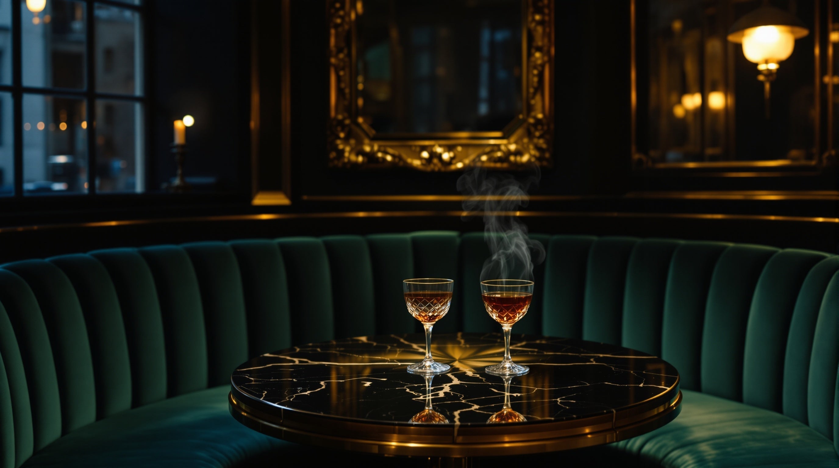 Nocny paryski salon koktajlowy w stylu art deco, ze szmaragdowym aksamitem, mosiądzem i koniakiem: dekanty i próbki Kilian Paris