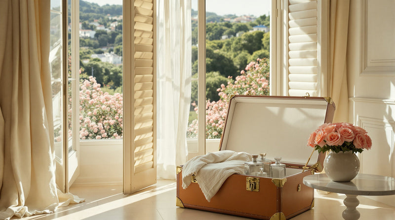 Riviera atelier with a leather travel trunk and Grasse flower fields — a guide to the best Louis Vuitton fragrances.