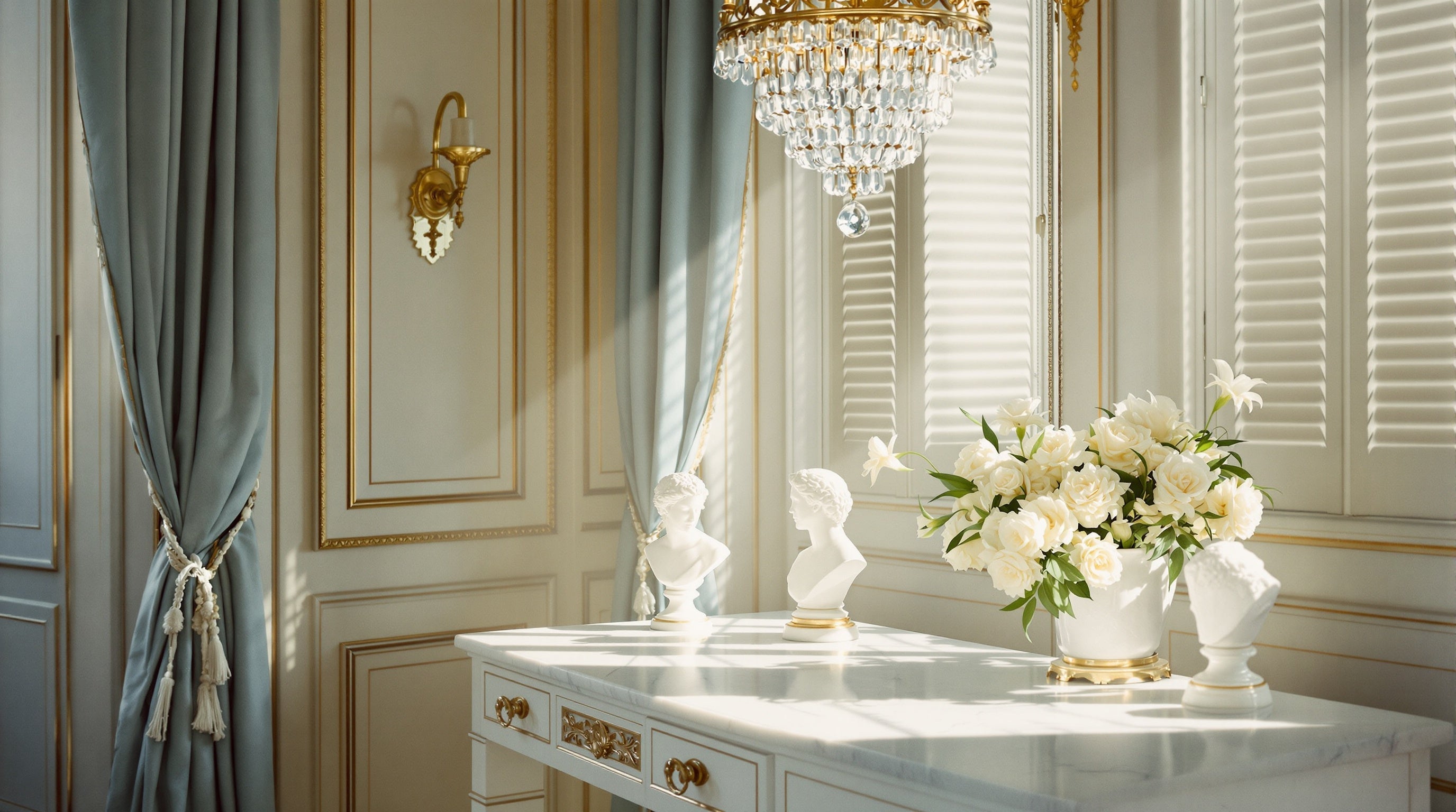 Neoklasyczny francuski salon z porcelanowymi popiersiami z kości słoniowej, złoconą boazerią i Tuberose: świat dekantów i próbek MDCI