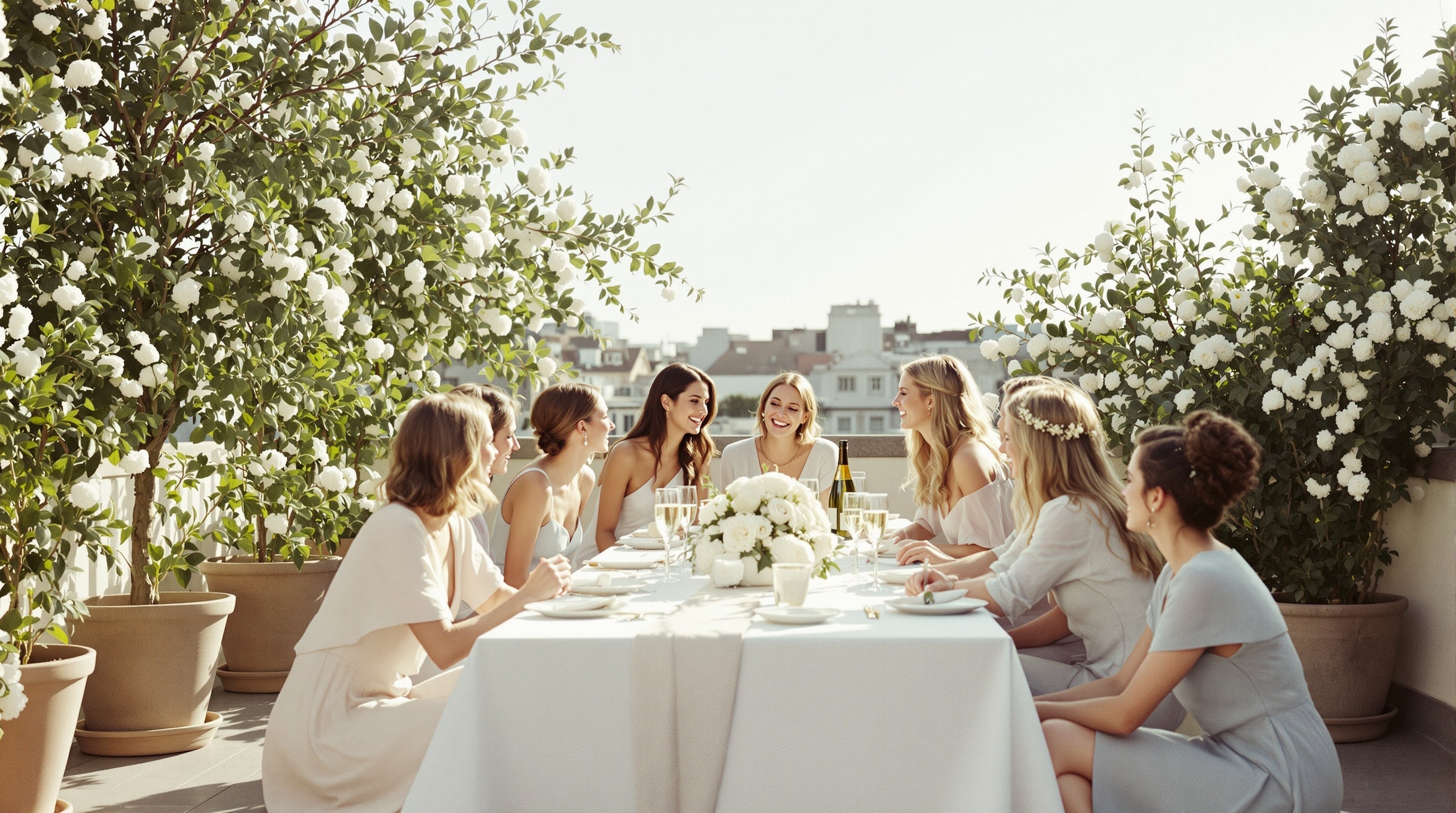 Sunlit rooftop gathering where guests lean and turn toward one woman — the most complimented niche fragrances we have tested.