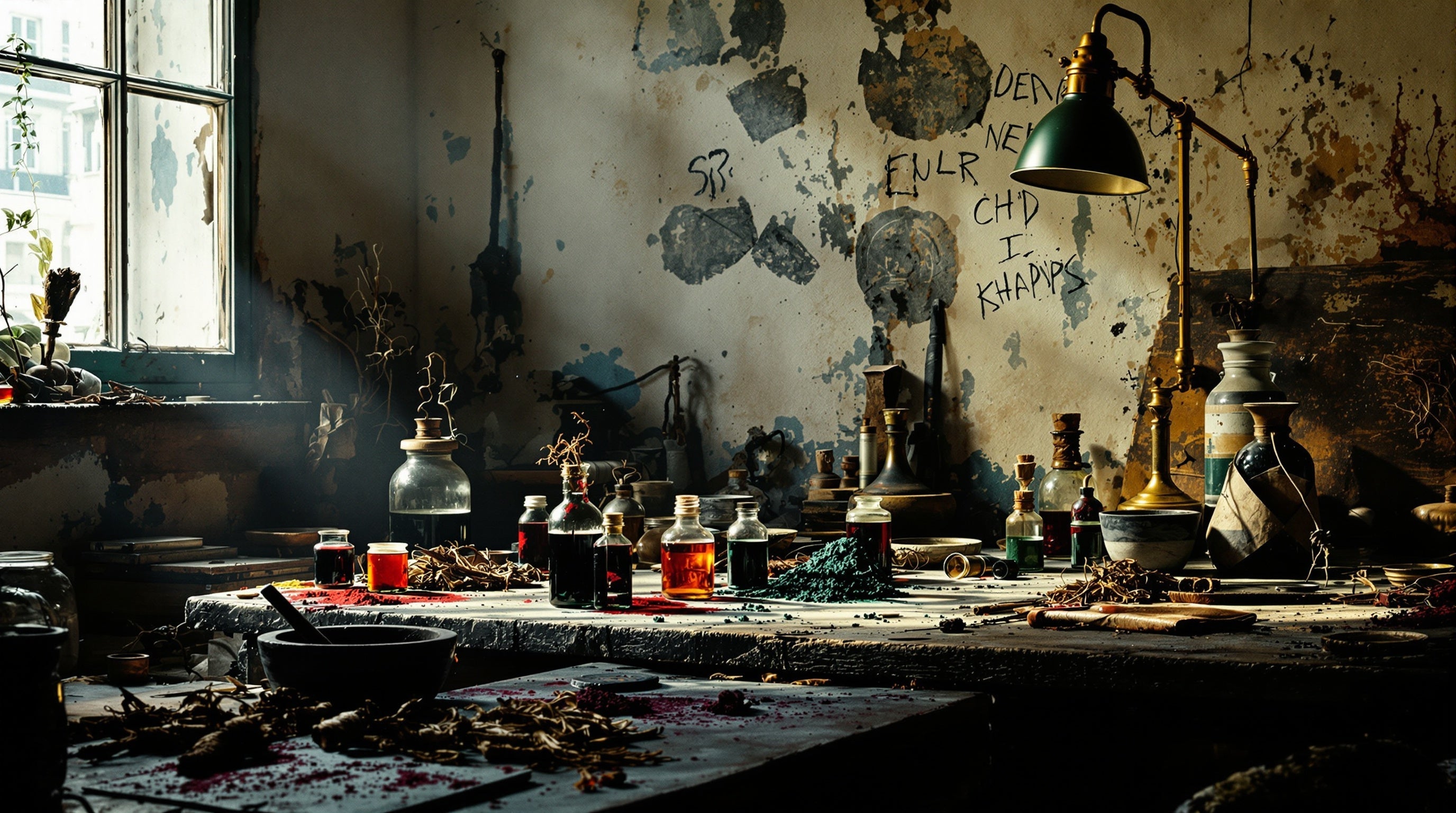 Pracownia alchemika z ciemnymi, nieoznaczonymi fiolkami, pigmentami i korzeniami w skośnym świetle: dekanty i próbki Nasomatto