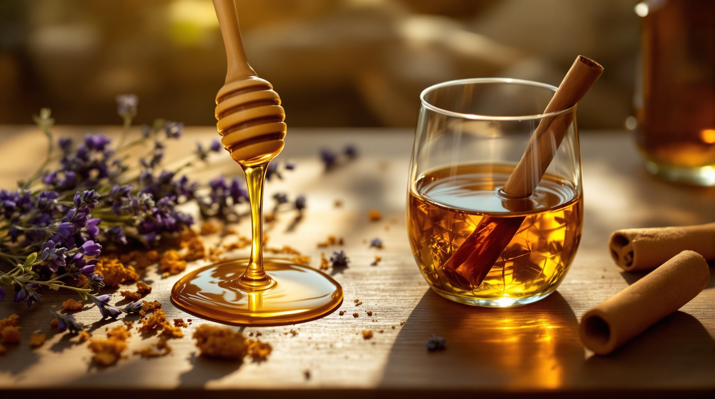 Honey and lavender beside cognac and cinnamon in warm light, evoking Naxos versus Angels Share