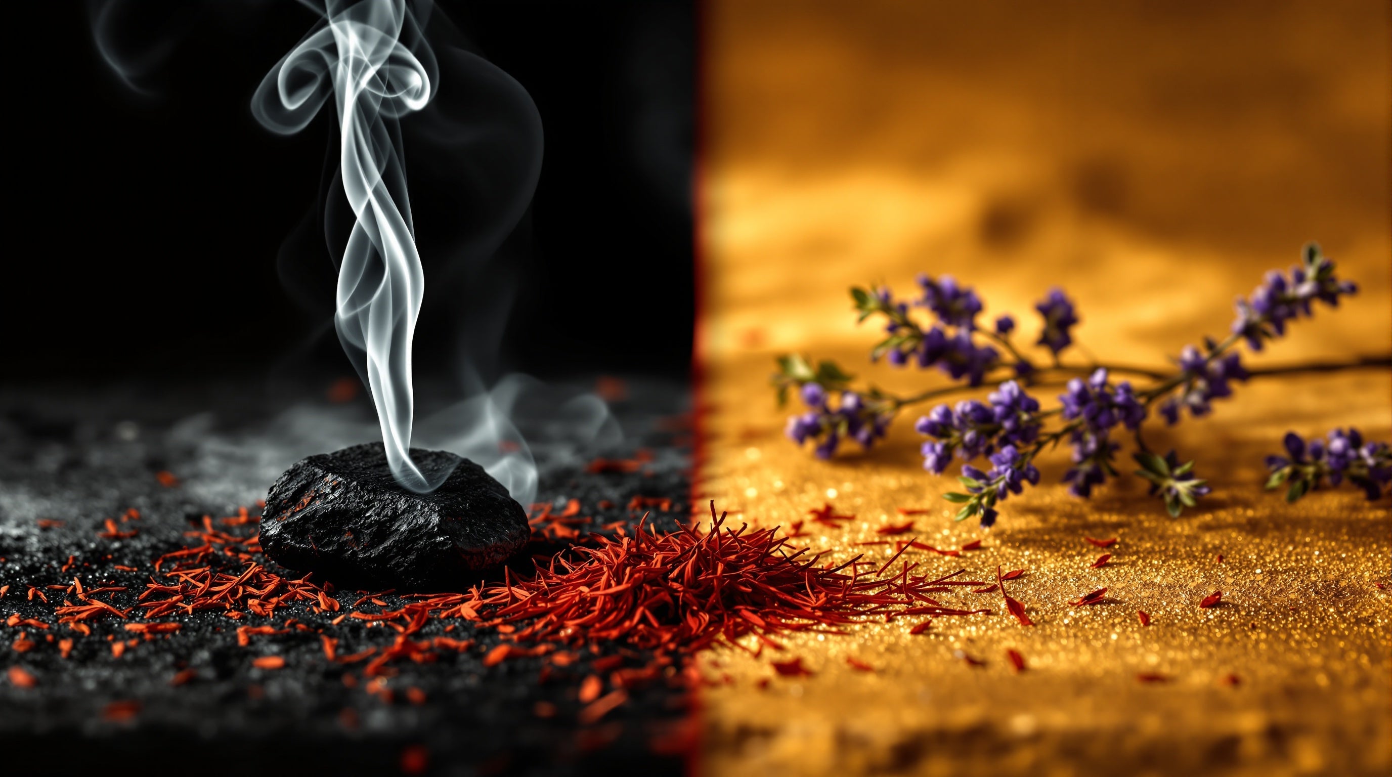 Dark oud smoke beside golden saffron and lavender, a split scene evoking Ombre Nomade versus Oud for Greatness
