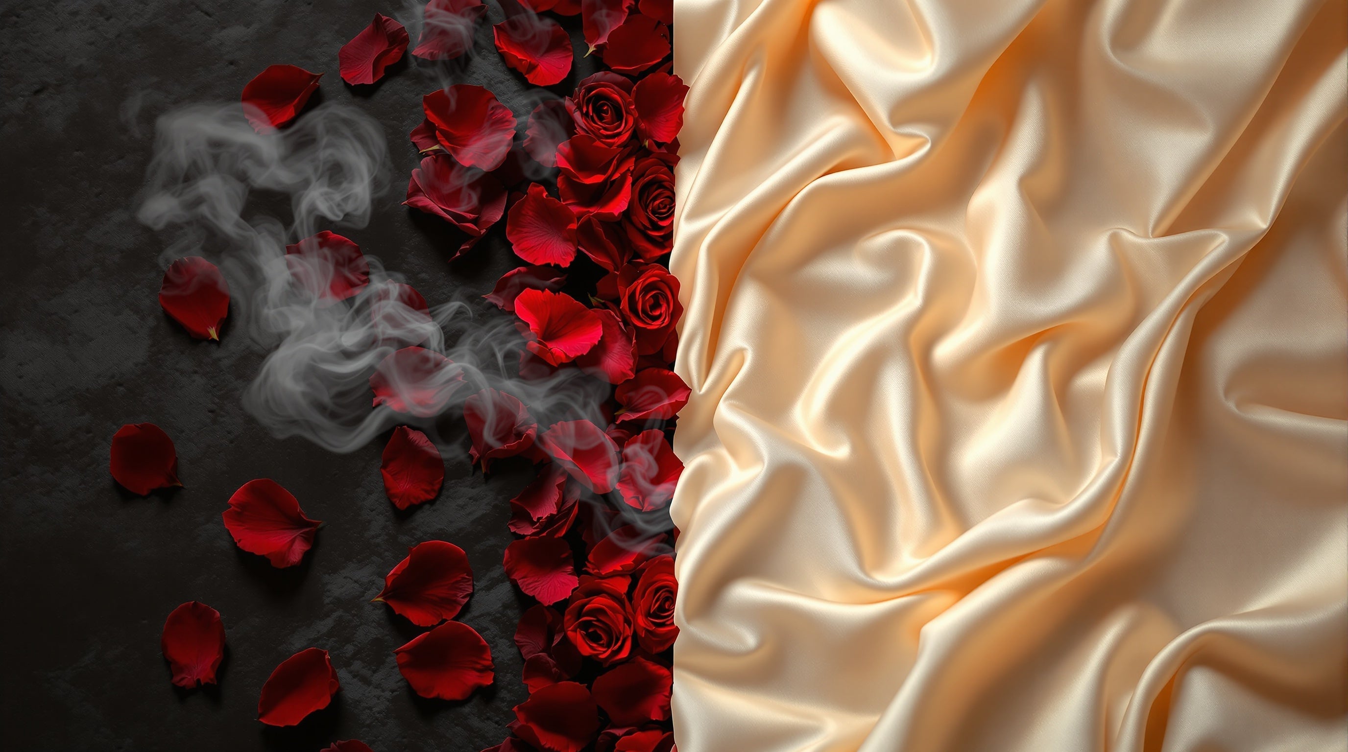 Dark rose petals in oud smoke beside cream satin, a split scene evoking Ombre Nomade versus Oud Satin Mood