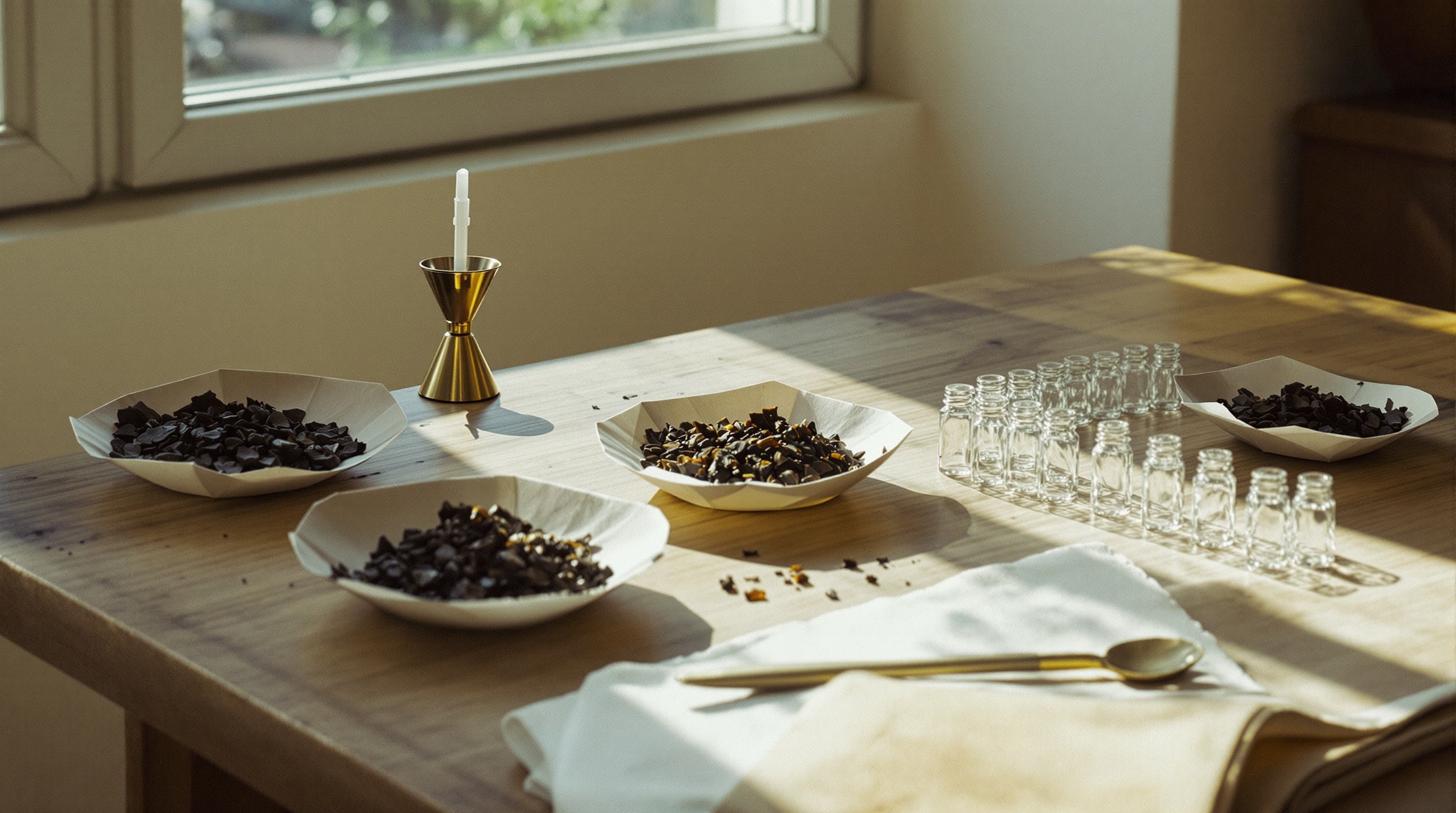 Sunlit perfumer's table with graded agarwood chips in trays and vials — how to start exploring oud through samples.
