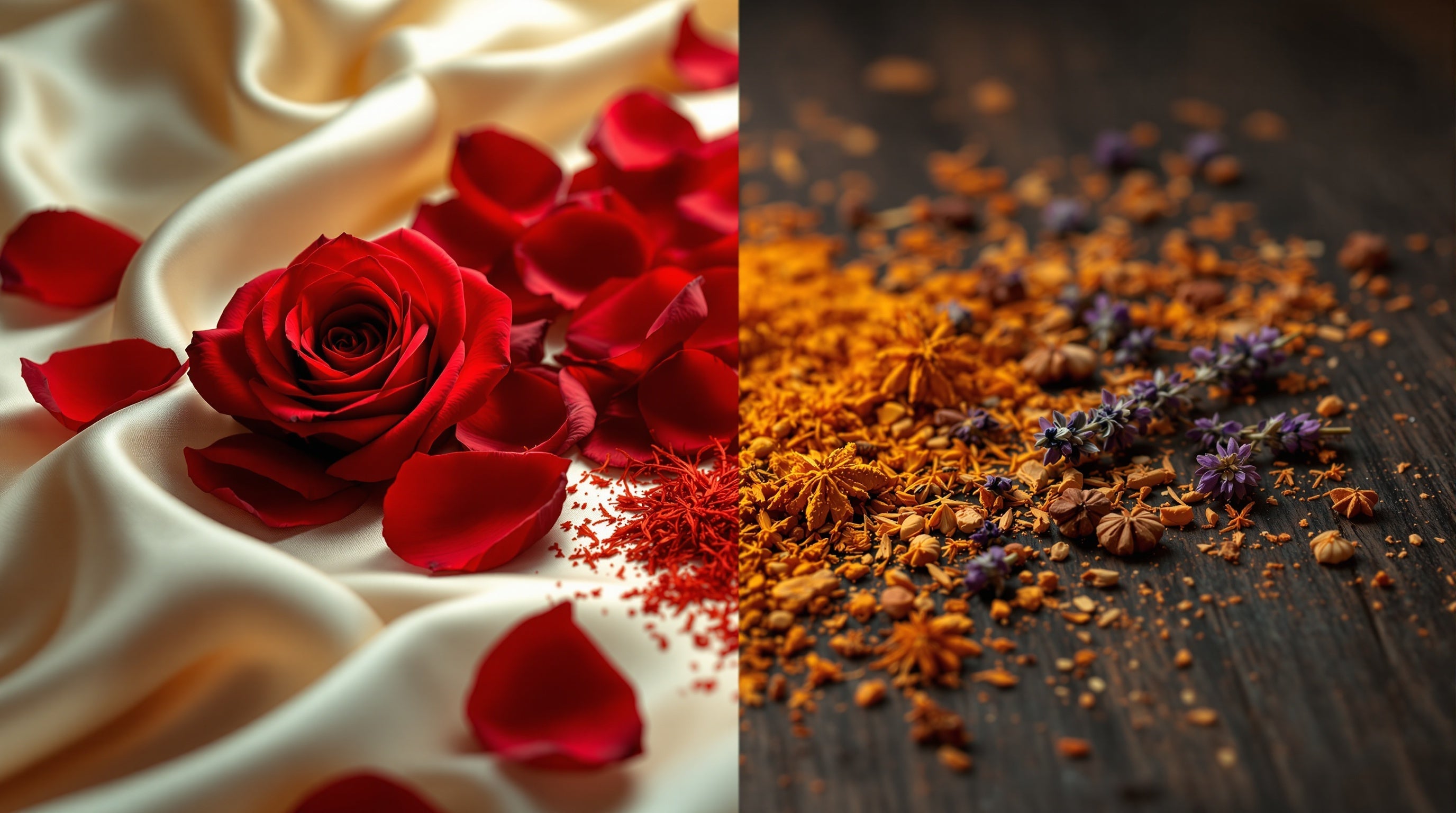 Red roses on cream satin beside saffron and spice, evoking Oud Satin Mood versus Oud for Greatness