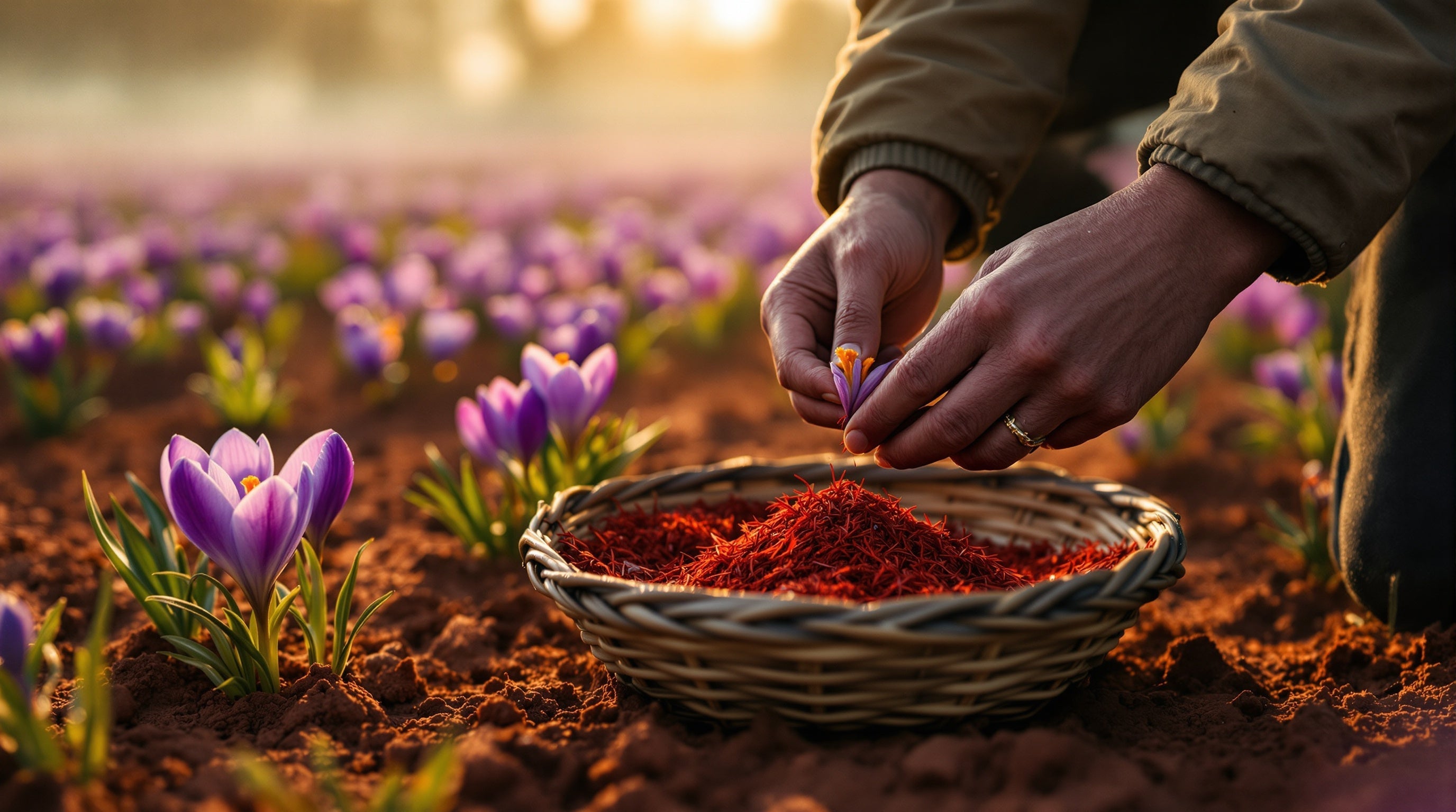 Hands harvesting crimson saffron threads from purple crocus flowers at dawn, illustrating the best niche saffron fragrances