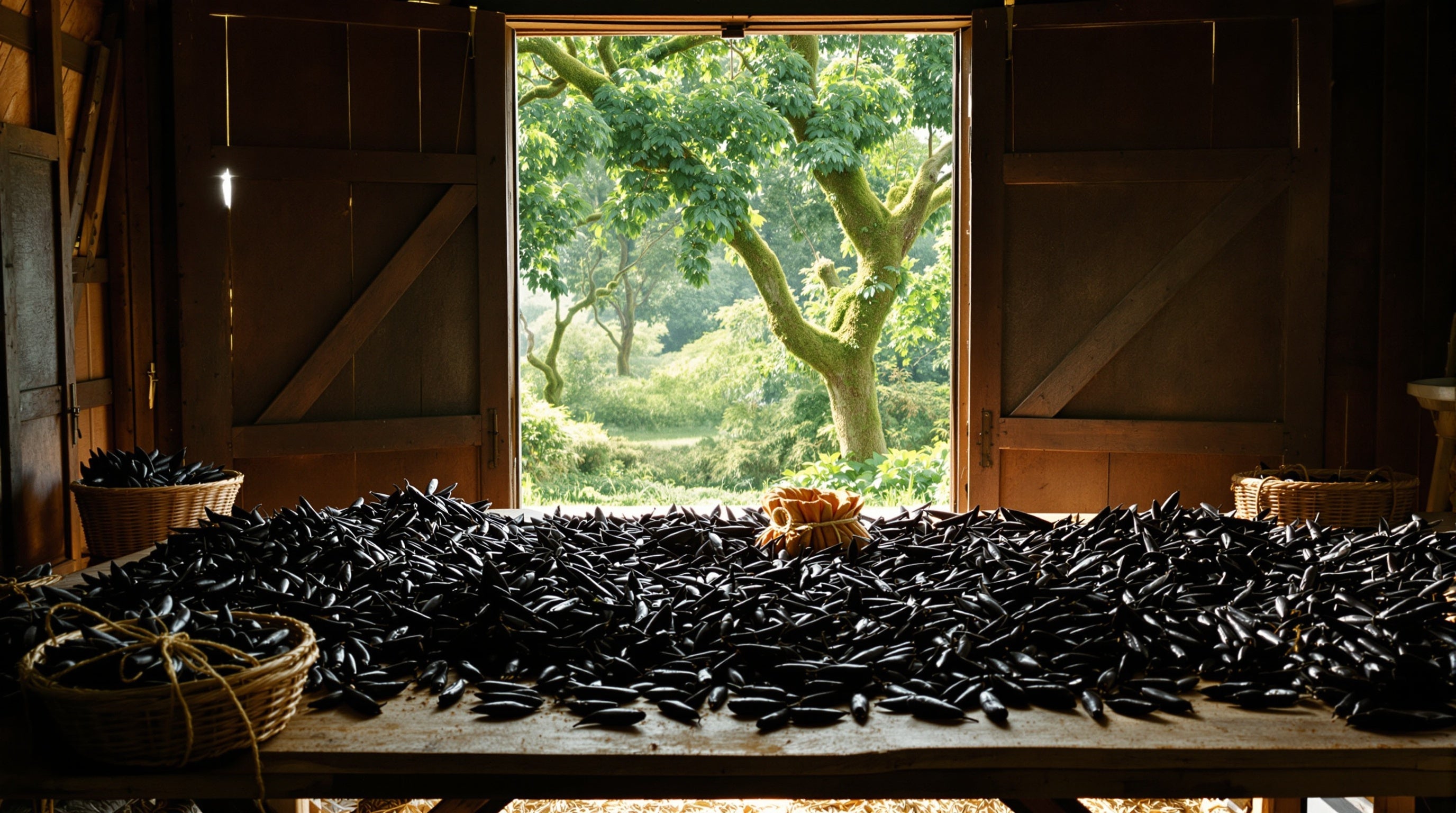 Gousses de vanille affinées sur une table en bois dans un séchoir malgache baigné de soleil, les meilleurs parfums de niche à la vanille à essayer.