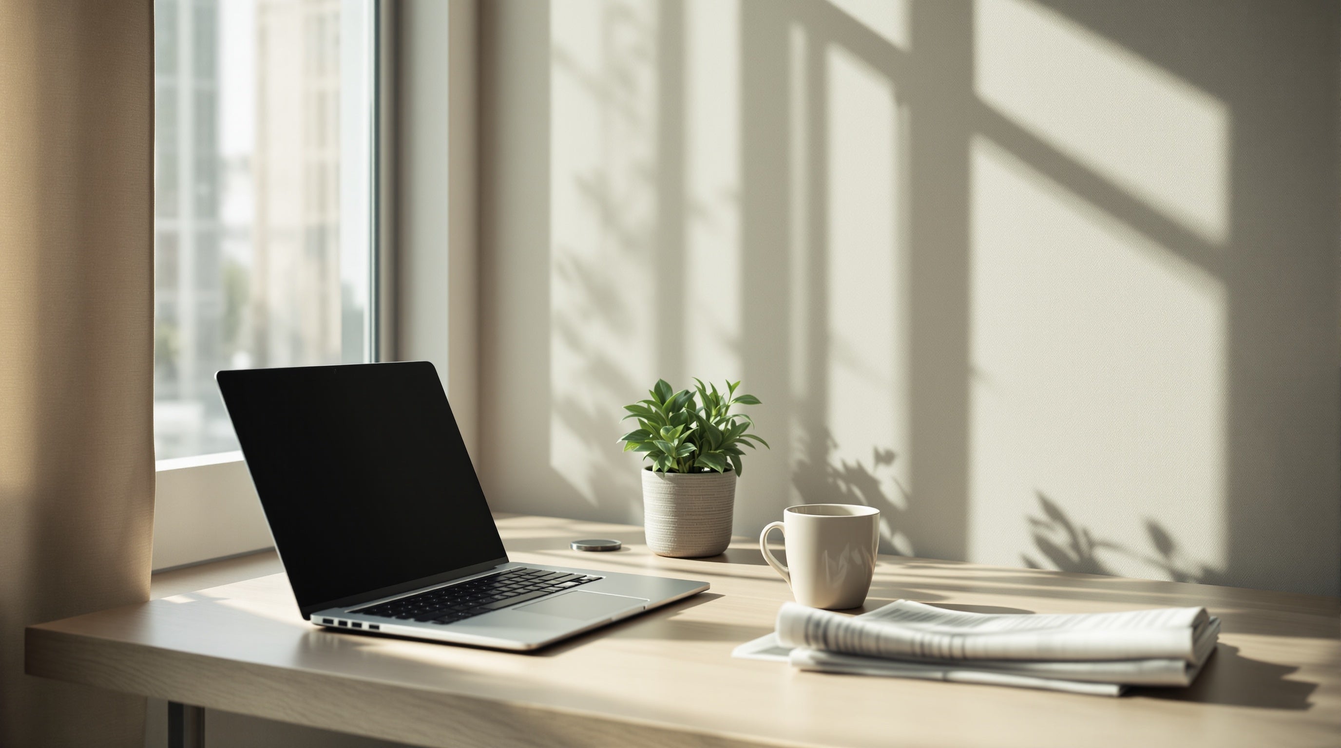 Sunlit calm modern office desk corner at morning — unisex office-safe fragrance recommendations for the workplace.