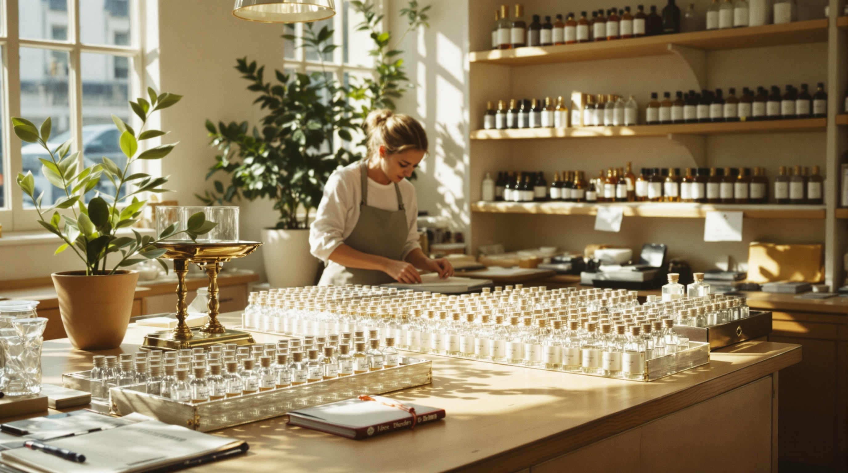 Independent perfume apothecary with rows of hand-labelled decant vials in morning light — where to buy niche perfume decants.