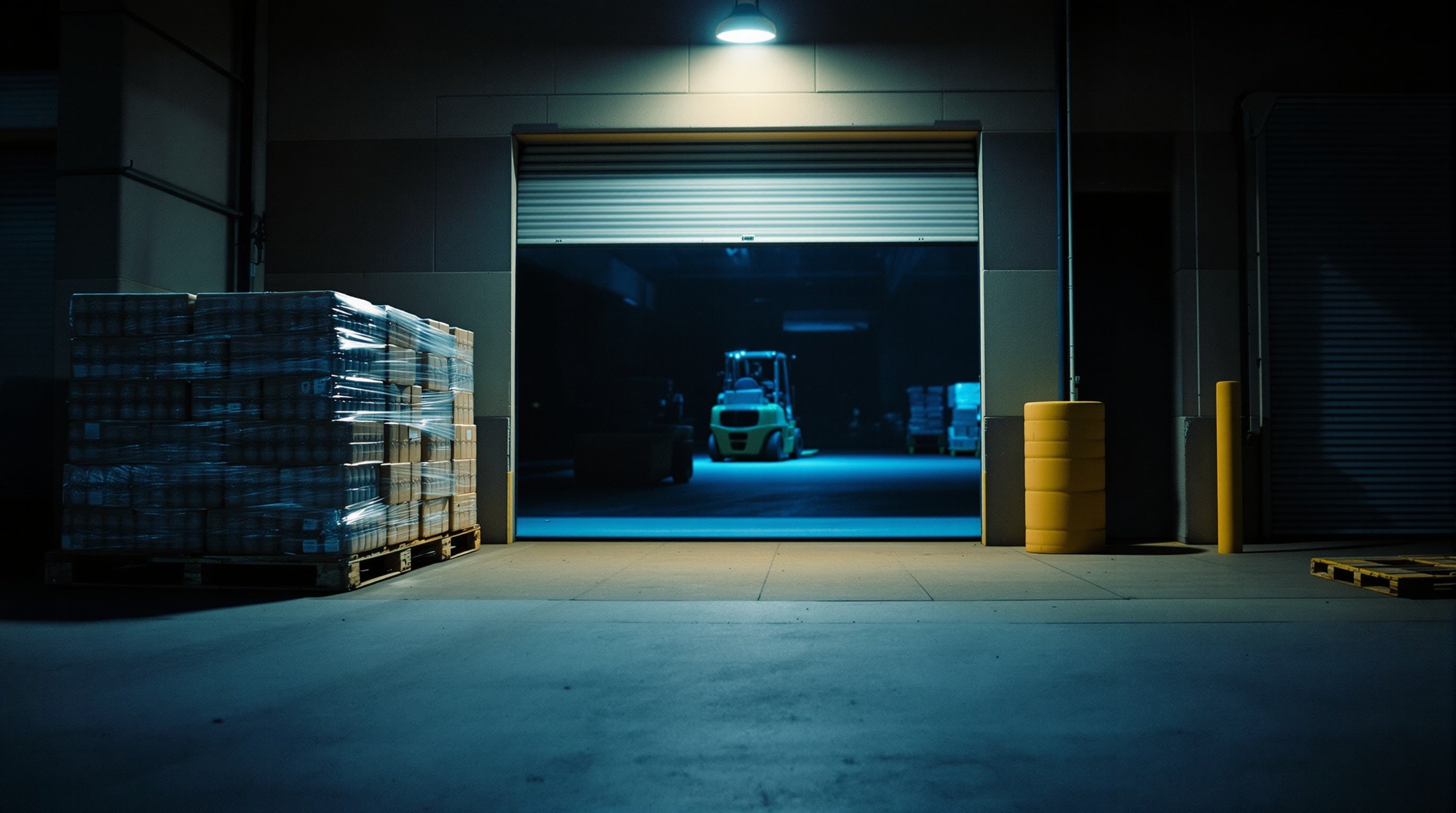 A pallet of shrink-wrapped bottles on a dim loading dock under one amber lamp — grey-market sourcing behind cheap decants.