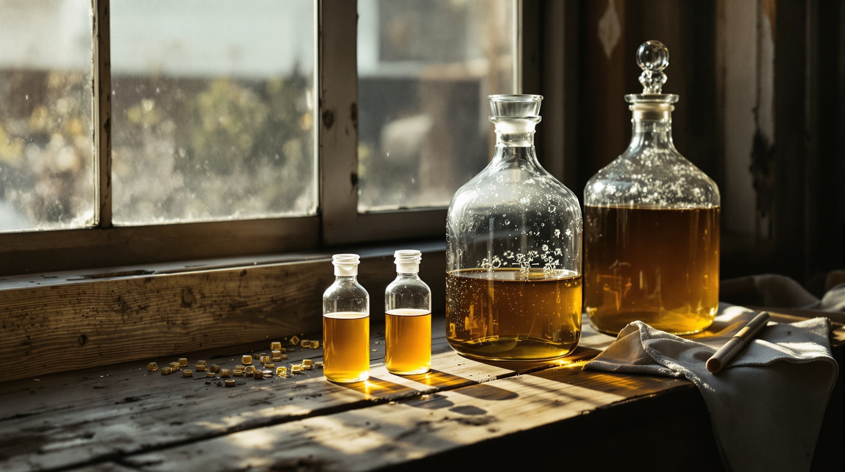 Two plainly filled clear vials of slightly different honey shades on a workshop bench — why two decants can smell different.