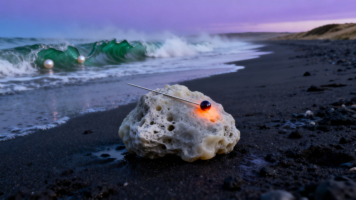 A pale grey lump of ambergris on wet black volcanic sand at dusk, a glowing steel needle lying across it, the surf behind frozen like curved glass.