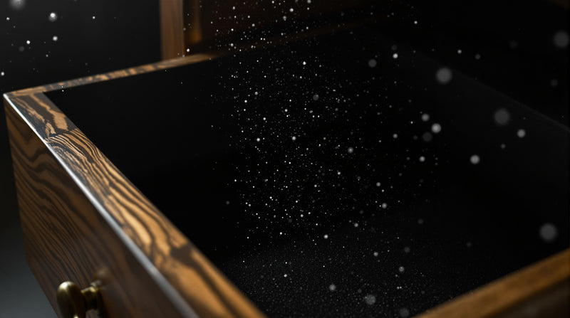 The dim interior of an aged walnut drawer lined with dark cloth, dust motes suspended in cool light