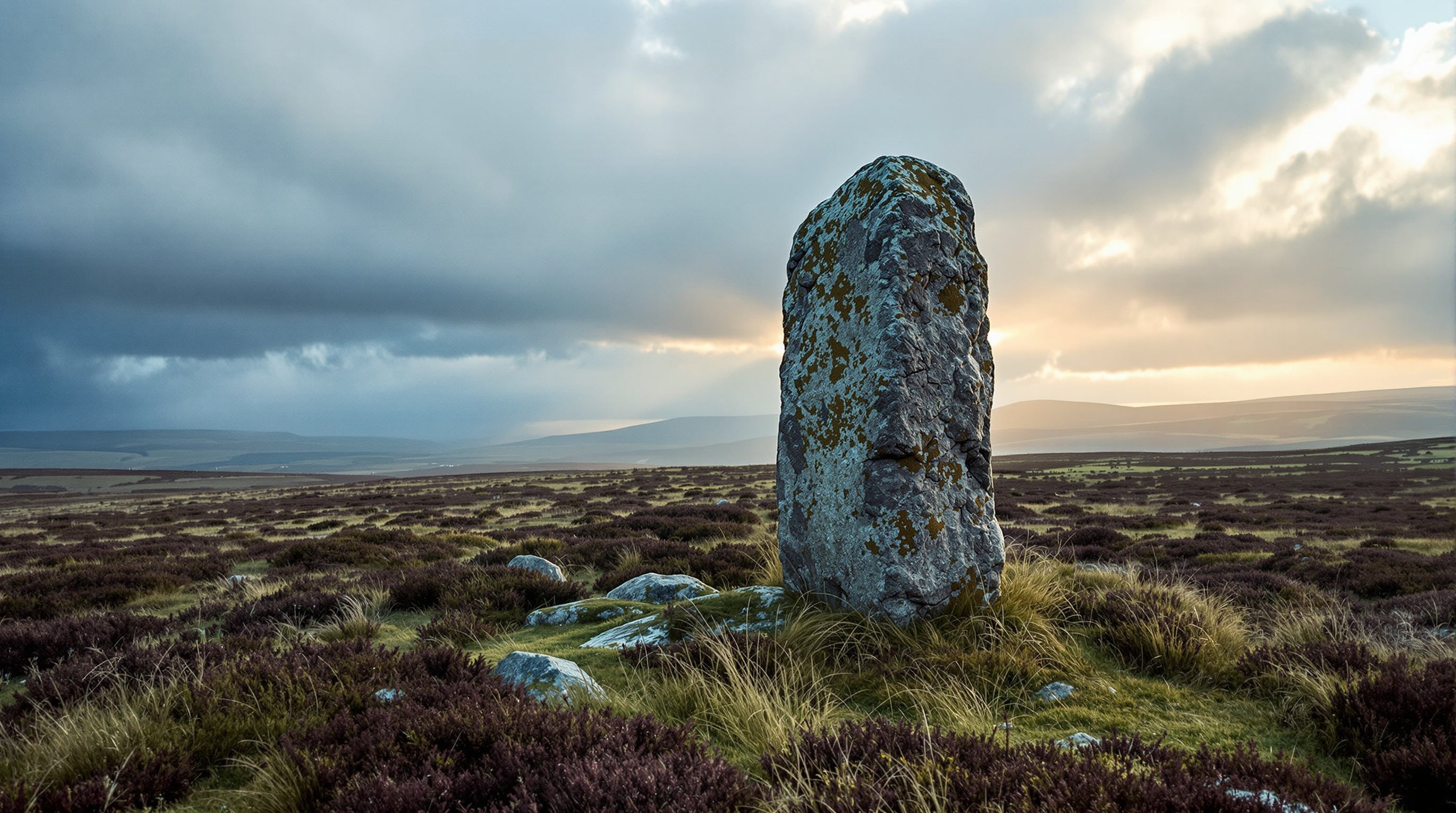 A lone weathered standing stone on an open moor under shifting light, with mist, low sun and distant rain moving across the landscape.