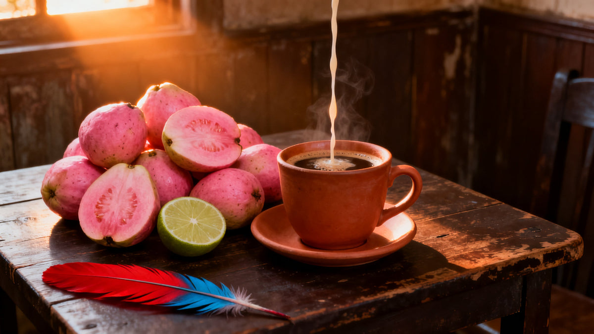 Ripe guavas, a halved lime and a cup of milky coffee on a dark wooden café table in warm afternoon light.