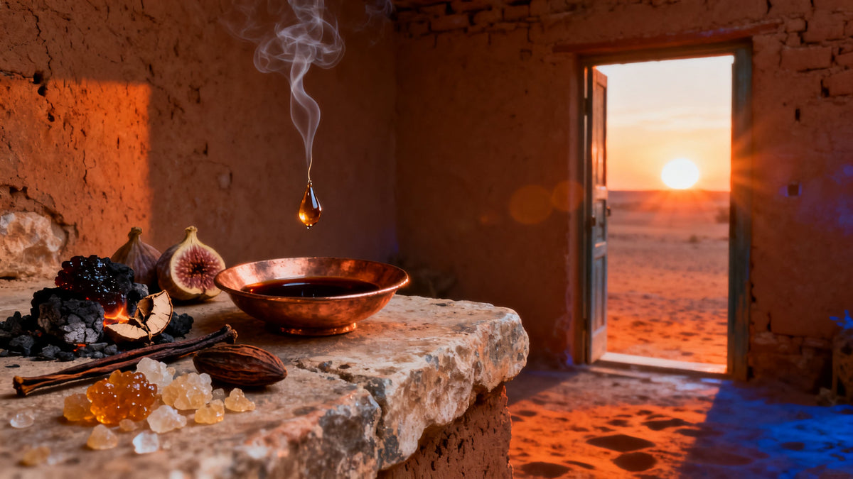 Resin tears, benzoin crystals, a split vanilla pod, tonka beans and a copper dish of dark rum on a stone ledge at desert dusk, the low sun blooming through an open doorway while a single drop of resin hangs motionless in the air.