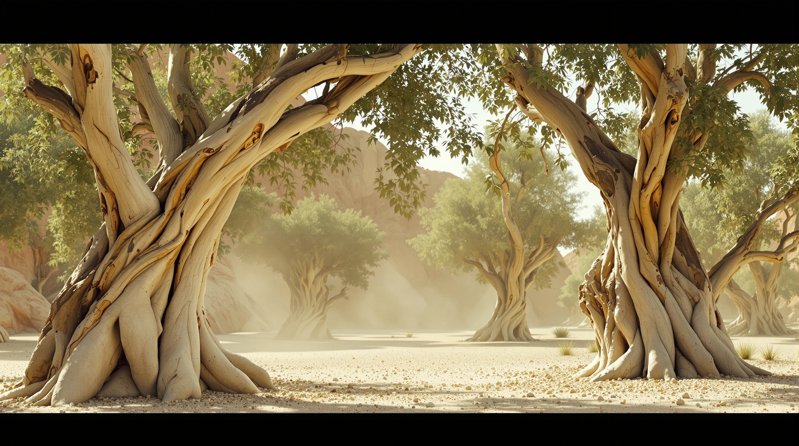 Desert frankincense trees in a stony wadi, trunks weeping pale resin tears into hardened droplets
