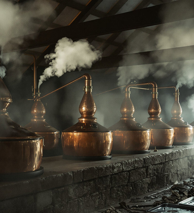 Six copper distillation stills lined along a stone bench in a humid open-sided shed at dawn