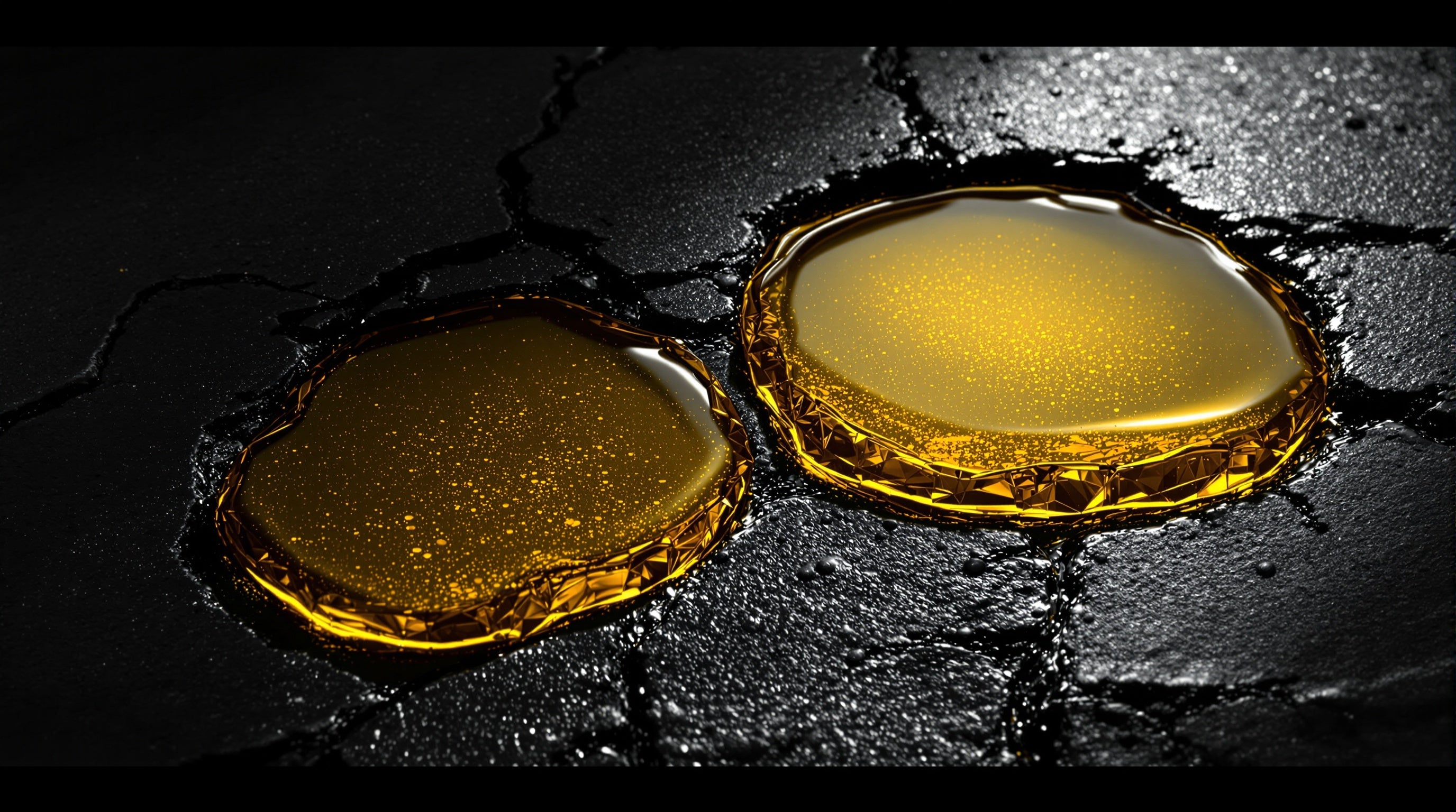 Two near-identical pools of golden perfume oil on dark stone
