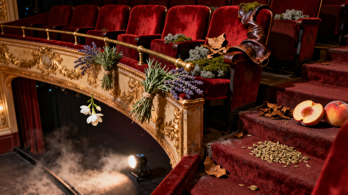 A crimson velvet theatre box overgrown with oakmoss, dried tobacco leaves, halved peaches and cumin seeds, lit by one distant stage worklight, white jasmine petals suspended motionless in the dusty air.