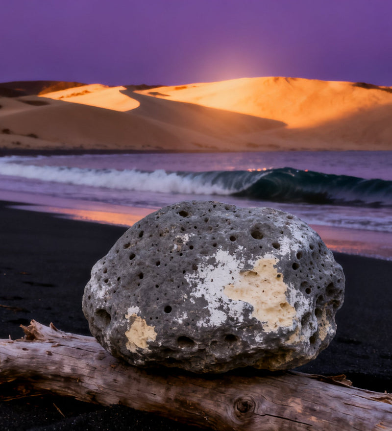 A marbled grey-and-cream lump of ambergris on driftwood at the tideline of a black-sand beach at dusk, a wave curled above it and holding still.