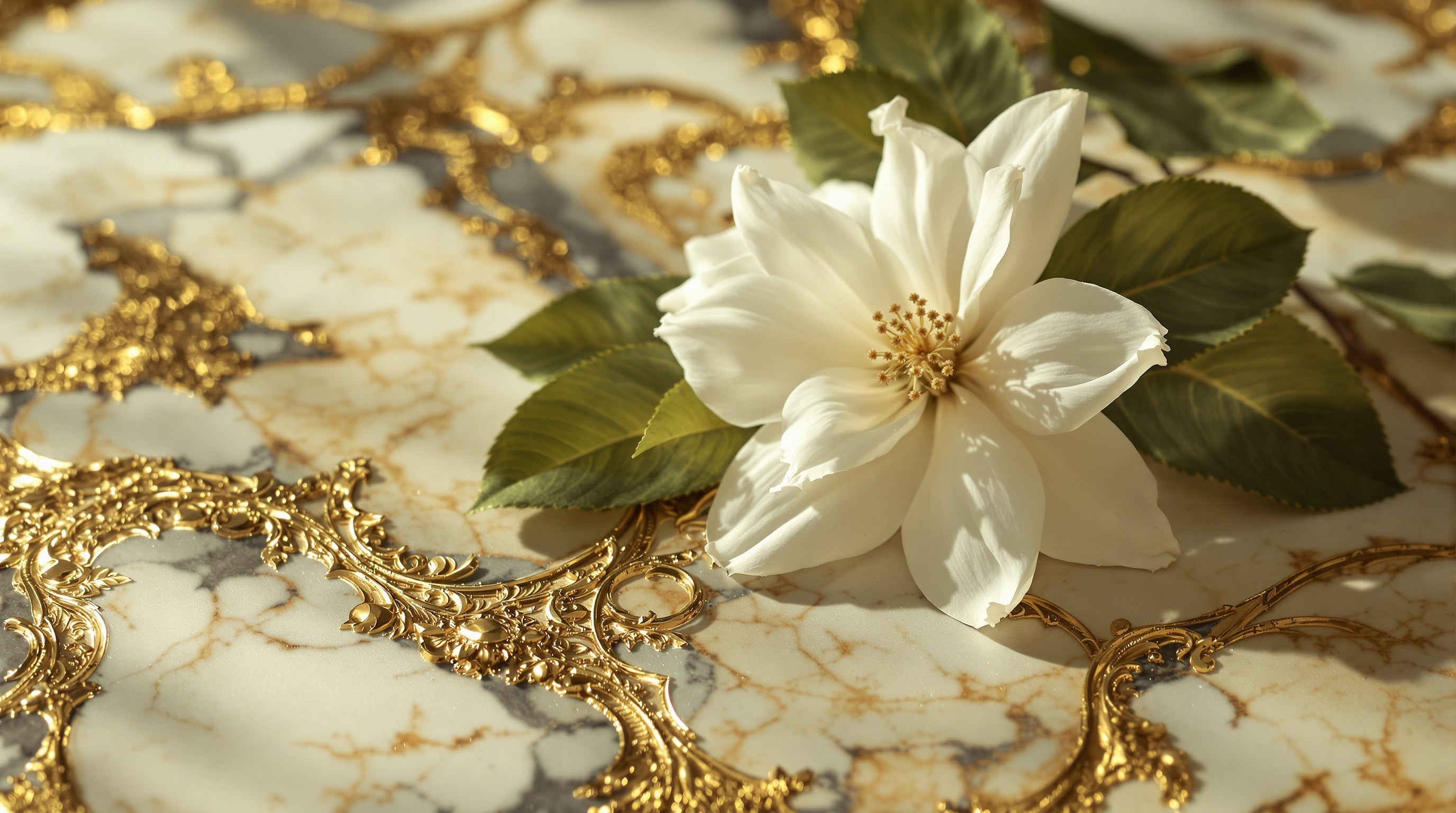 White tuberose, patchouli and antique gilt on aged marble in chandelier light, evoking MDCI