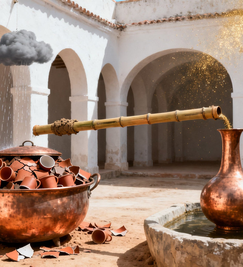 A copper cauldron heaped with broken terracotta cups in a sunlit whitewashed courtyard, a bamboo pipe running to a copper vessel in water, and a small grey raincloud raining onto the clay.