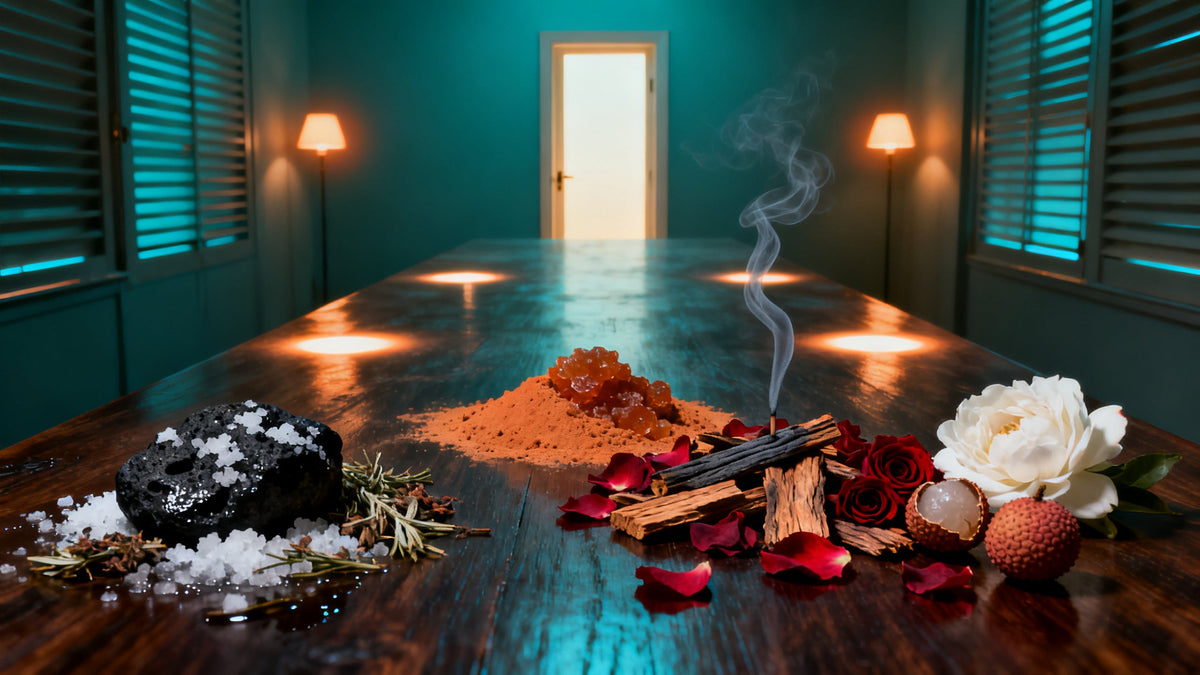 A long dark wooden table in a shuttered amber room, lit at four points by salt crusted basalt with coastal herbs, a mound of desert resin, split oud wood strewn with rose petals, and white peony with cracked lychee.