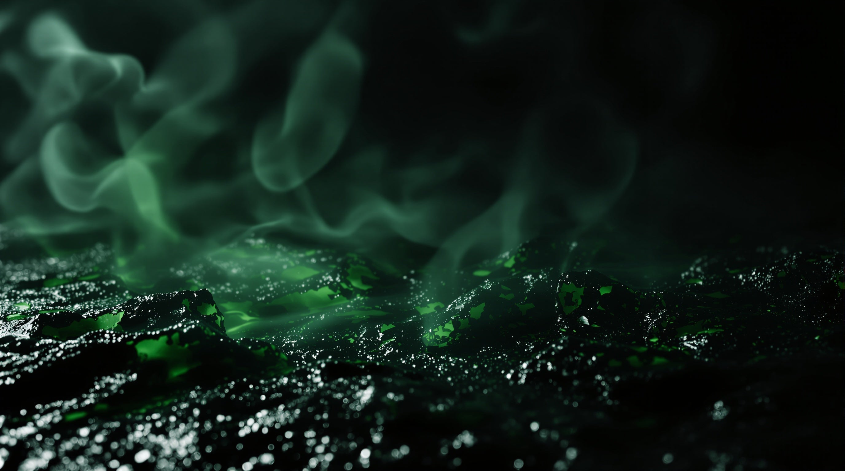 Dark green resin, black wood and drifting smoke in stark chiaroscuro, evoking Nasomatto