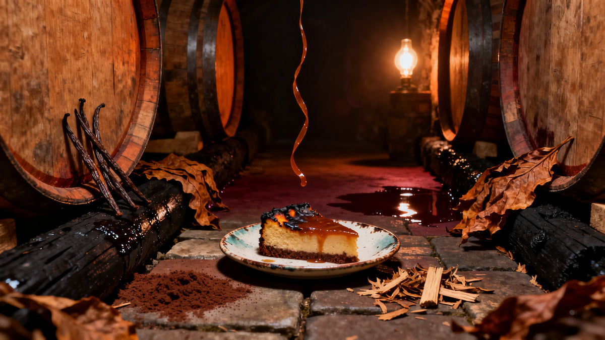 A dim oak barrel cellar lit by one blooming bulb, split vanilla pods and a slice of scorched caramel cake on a chipped enamel plate, tobacco leaves over wet black staves, and a ribbon of caramel hanging motionless in the amber air.