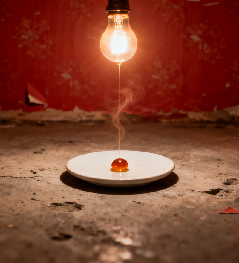 A white porcelain disc holding a single amber drop on pitted concrete in a room of red blistered wallpaper, a thread of amber haze hanging still above it.