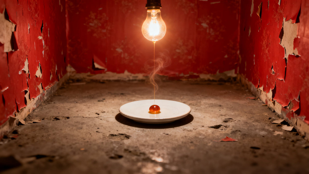 A white porcelain disc holding a single amber drop on pitted concrete in a room of red blistered wallpaper, a thread of amber haze hanging still above it.