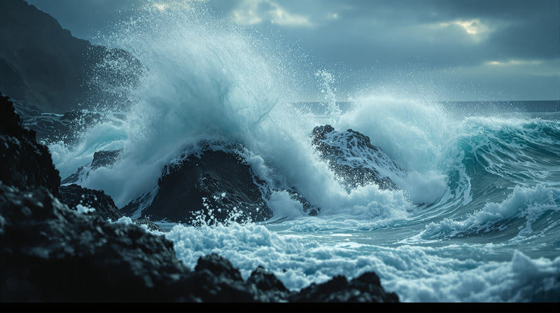 Crashing dark ocean spray over black volcanic rock under stormy light, evoking Orto Parisi