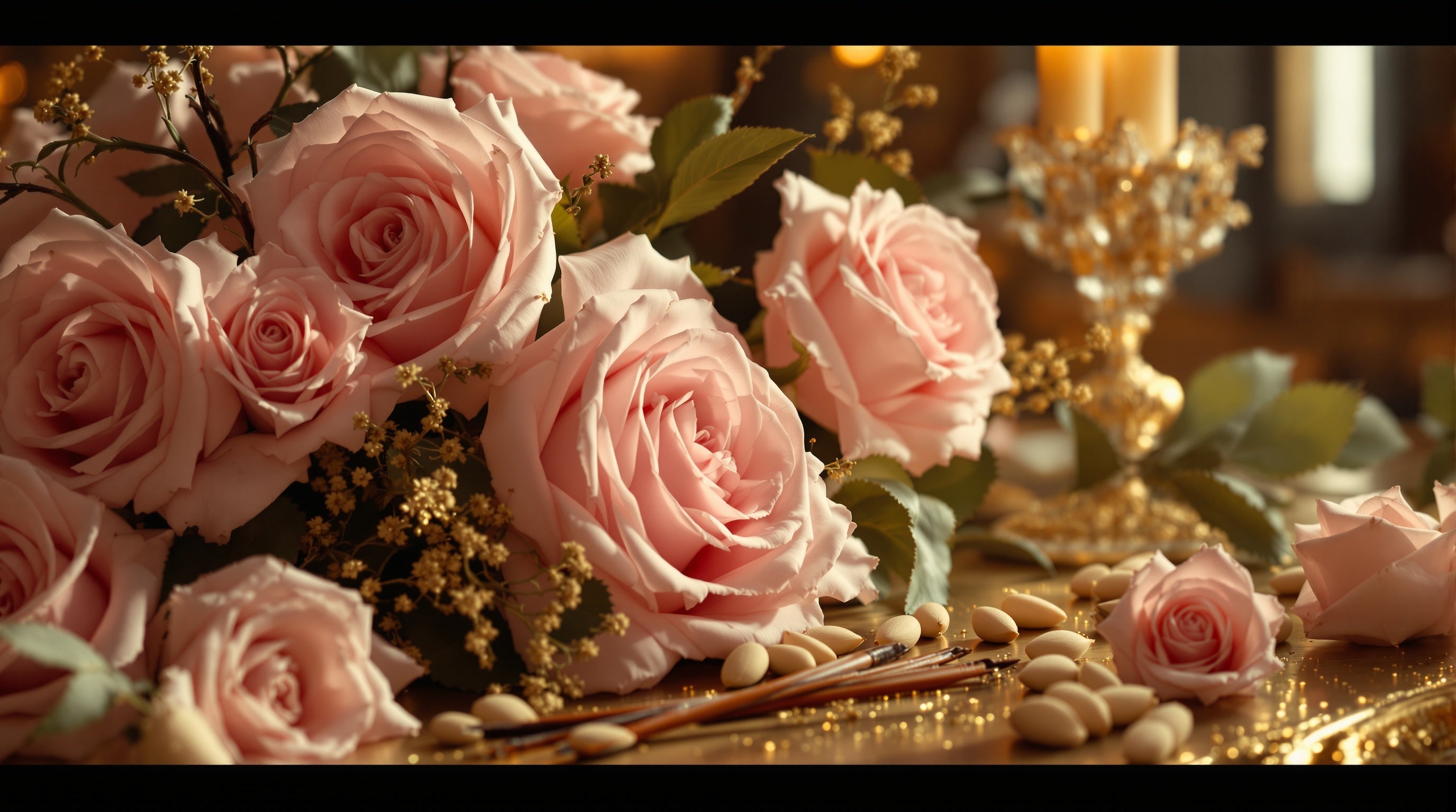 Powdery roses, vanilla and gilded baroque detail in warm palace light, evoking Parfums de Marly