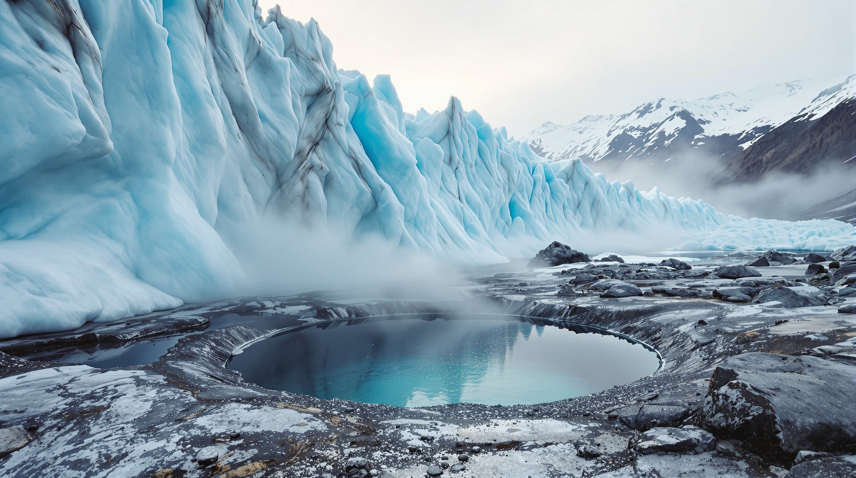 A thin stream of meltwater falls from a huge glacier into a small clear pool of the same blue water in a misty mountain valley.