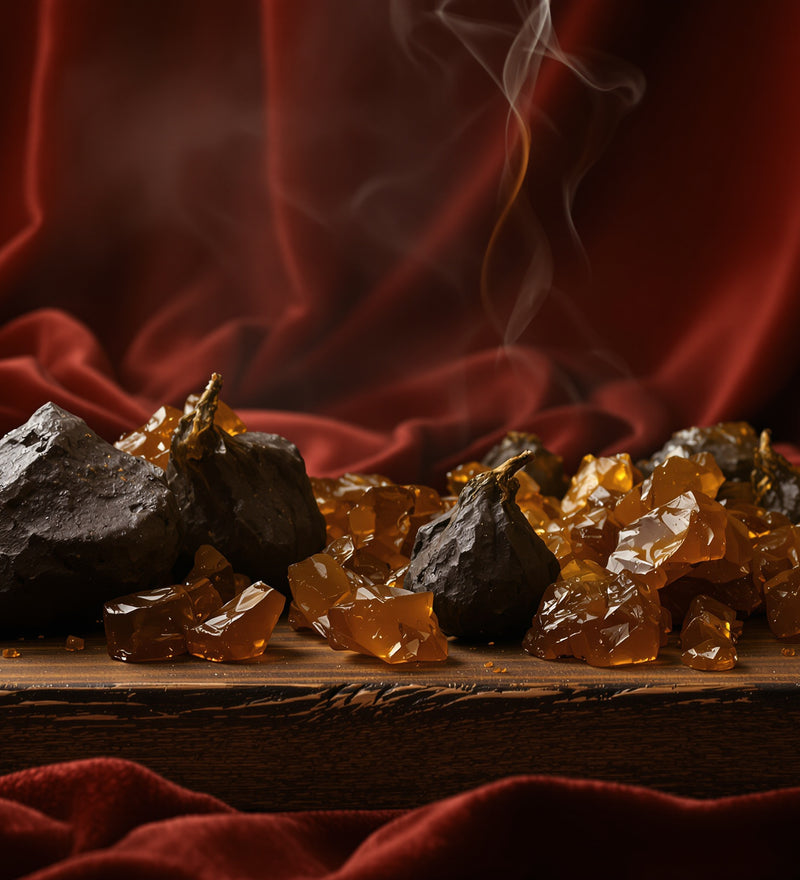 Dark musk pods and raw amber resin on aged wood against deep red velvet, with a ribbon of incense smoke