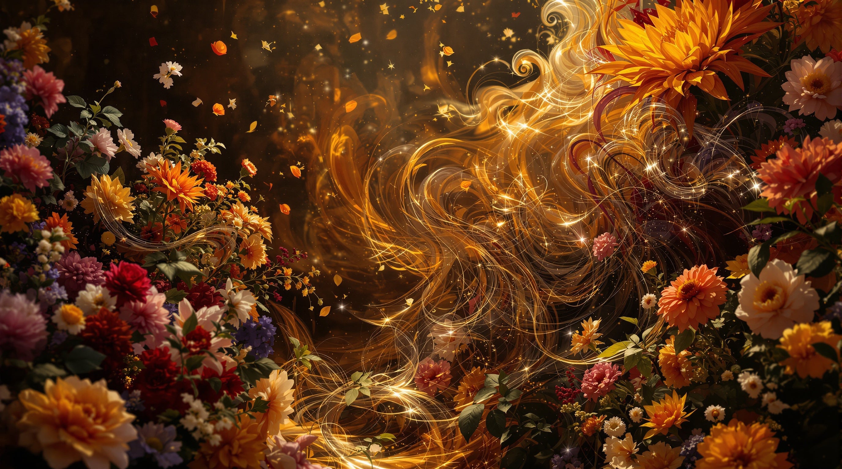 Vivid florals and dark woods swirling in warm gallery light, evoking Sospiro