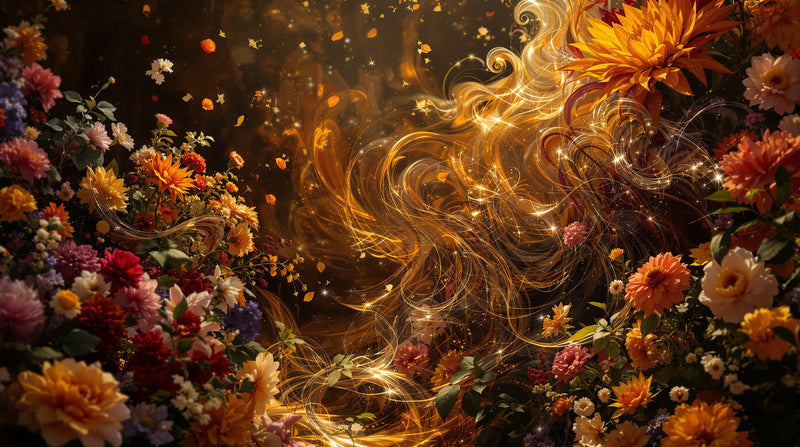 Vivid florals and dark woods swirling in warm gallery light, evoking Sospiro