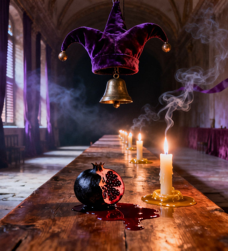 A candlelit banquet table in a dark palace hall, a split pomegranate and spilled wine beneath a floating violet jester's cap, evoking The Antagonist The Jester